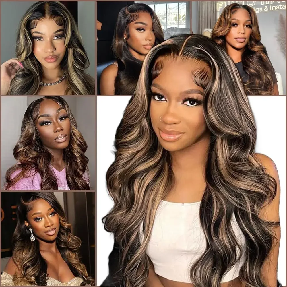 Perruque Lace Front Wig Body Wave synthétique sans colle, 28 pouces, 13x4, balayage brun ombré, HD, densité 180%, pre-plucked