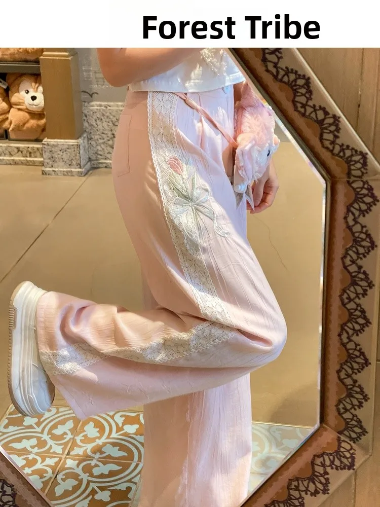 

Original Tulip Embroidery Lace Patchwork Dopaamine Casual Pants Pink Crepe Feel Summer High Waist Straight Leg Ladies Trousers