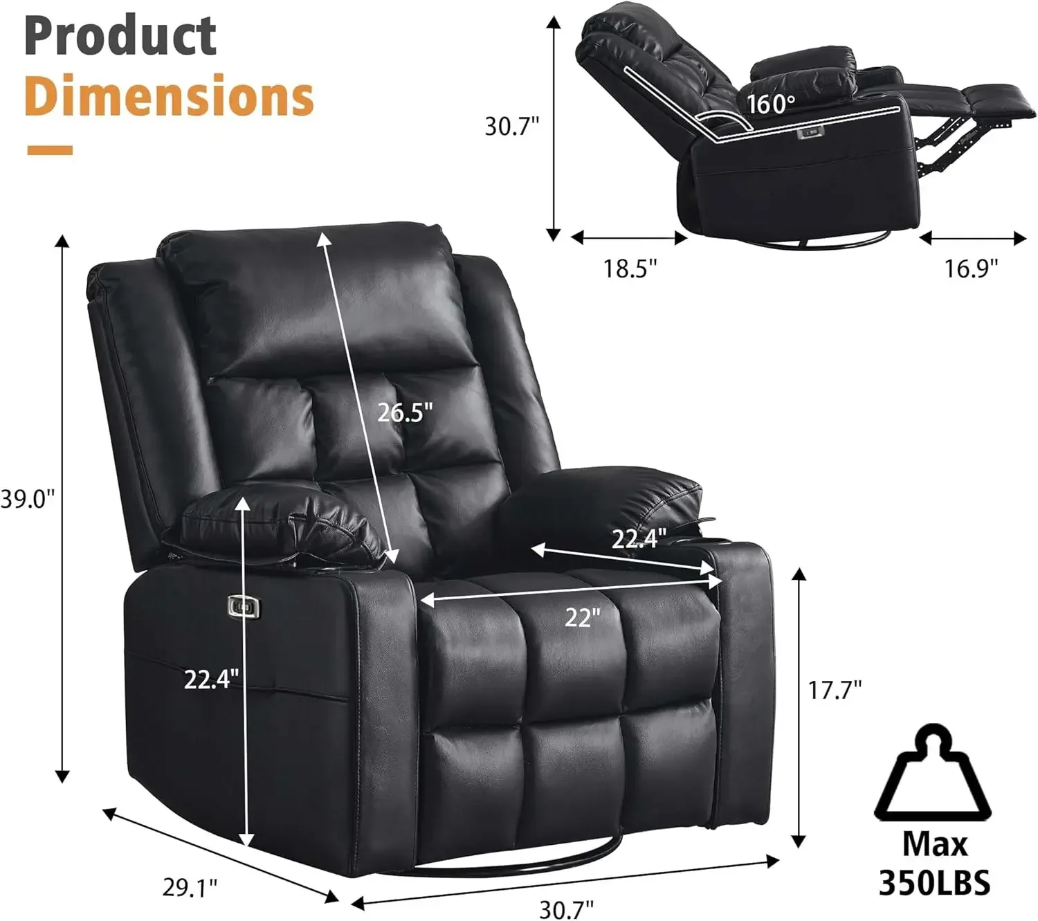 Swivel Rocker Recliner Chair for Adults with Massage and Heat, USB and Type-C Ports, Infinite Position, Electric Glider