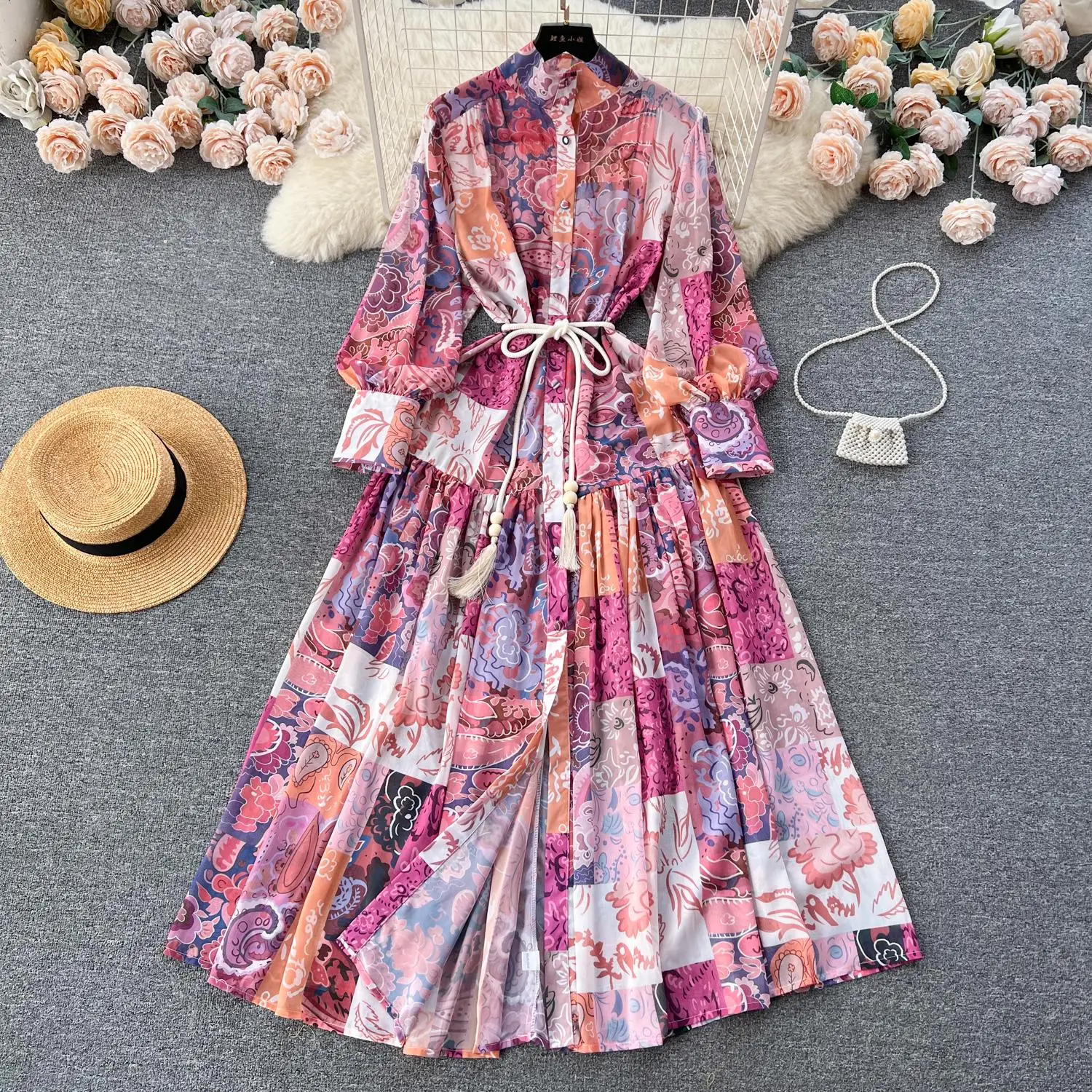 2024 primavera vacanza fiore vestito allentato supporto da donna manica lunga monopetto Lace Up stampa floreale abito in Chiffon Vestidos