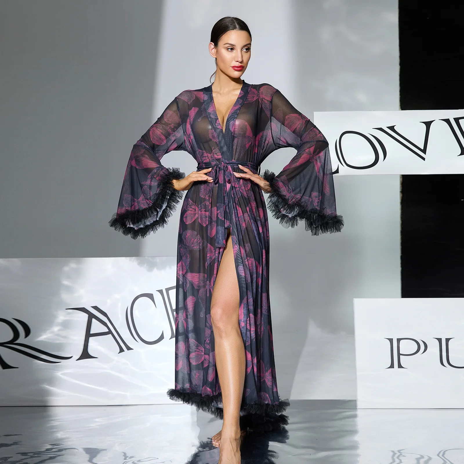 Perfect European and American Flared Sleeve Butterfly Printed Mesh Nightgown with Tassel Rough Edge High Split Bathrobe