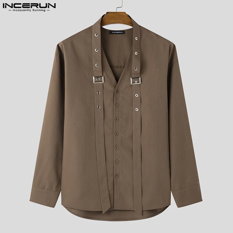 INCERUN Tops 2024 Korean Style Handsome Men\'s Ribbon Design Shirts Casual Streetwear Male Solid Loose Long Sleeved Blouse S-5XL