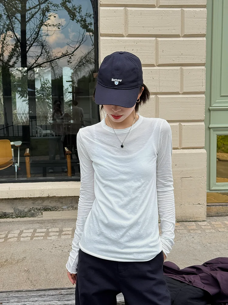 

Women's White round Ne Pure Cotton Base irt Inner Wear Loose Comfortable Korean Sle Long Sve Color Top