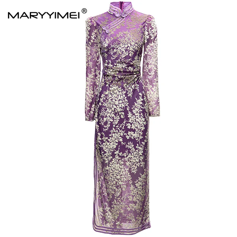 

MARYYIMEI Fashion Spring Women's dress Standing collar Long sleeved Flocking Slim Package hip Elegant Dresses