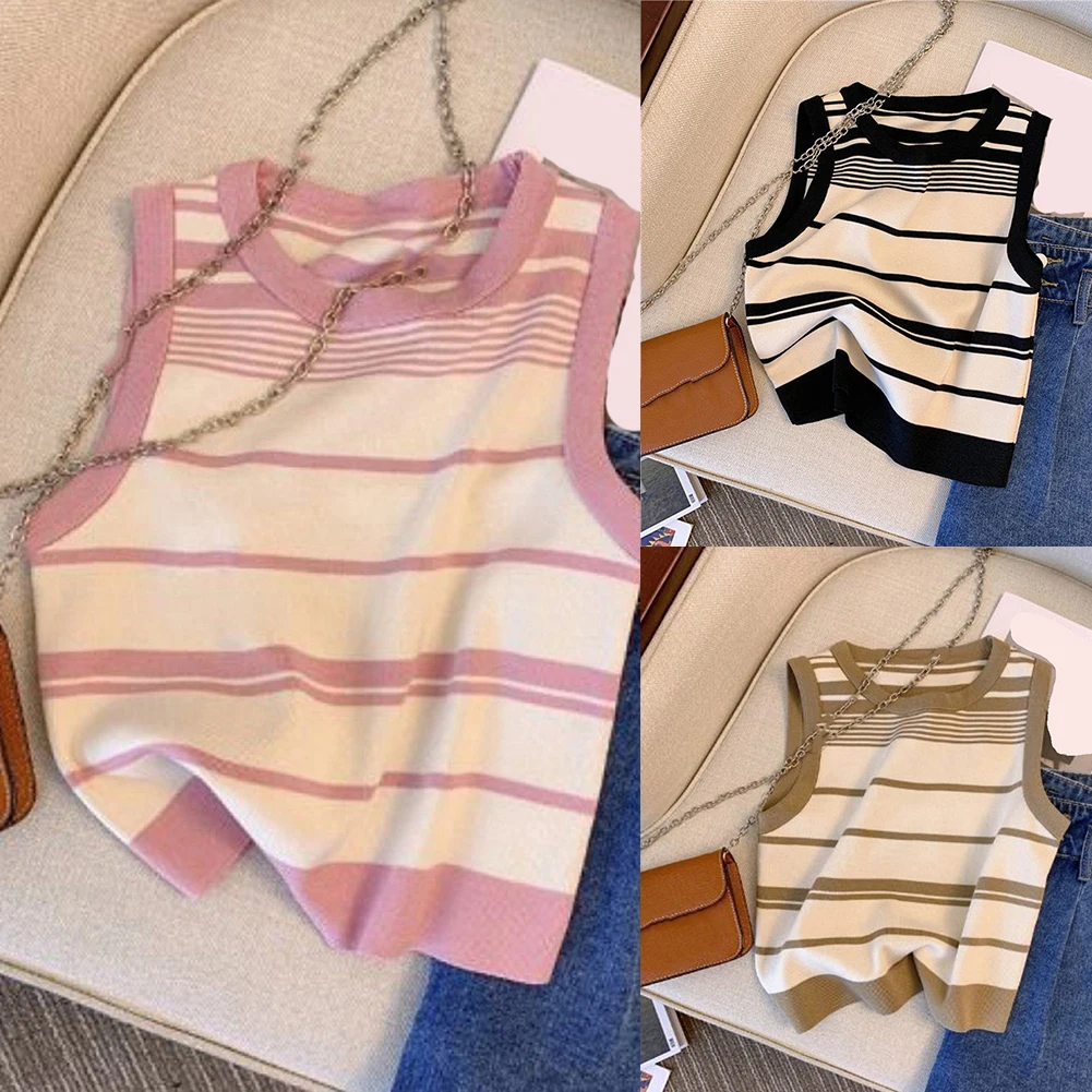 Tops recortados a rayas para mujer, Tops informales de estilo básico, traje diario, tela microelástica, Top informal básico sin mangas, Top recortado