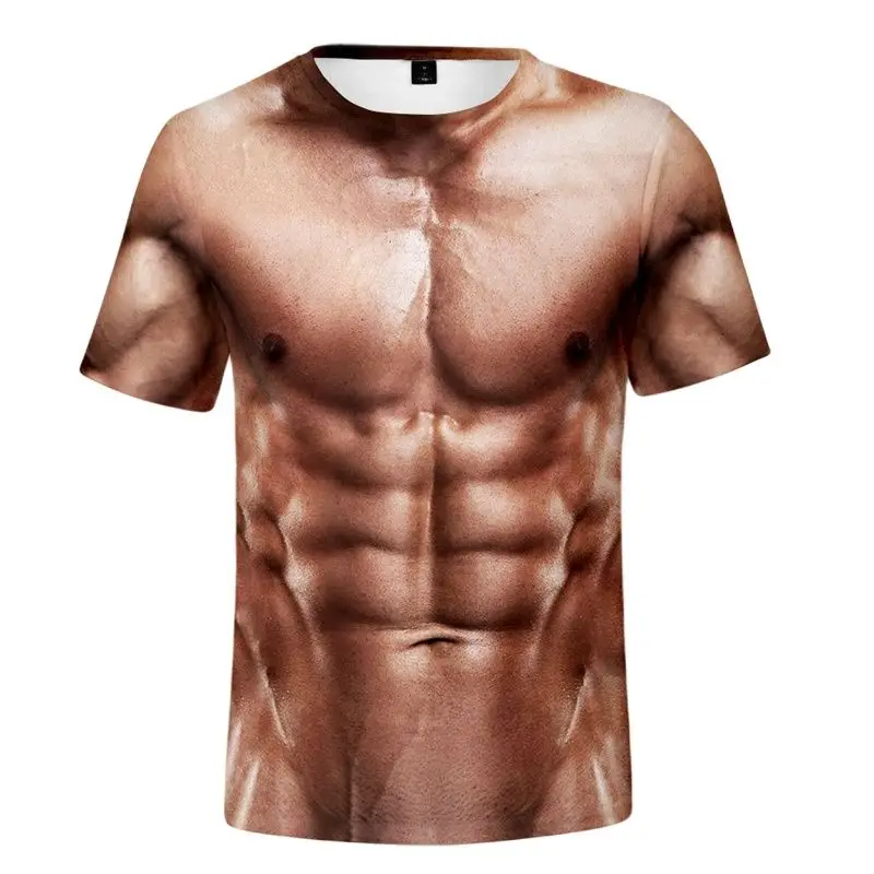 2023 Summer Funny 3d Muscle T Shirt Men\'s New Short-sleeved Fitness Cool Top Tee Streetwear Fake Muscle T Shirt Belly