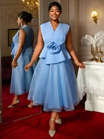 Women Blue Dresses Elegant A Line Tulle 3D Flower V Neck Peplum Belly Cover Party Plus Size Curve Female Fashion Wedding Guest - Image 6