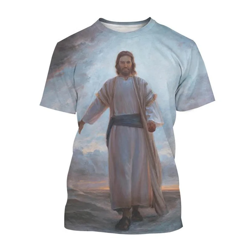 Christian God Jesus T Shirt Men 3d Print Christian Painting Summer Tees Fashion Round Neck Short Sleeve Loose Street T-Shirt