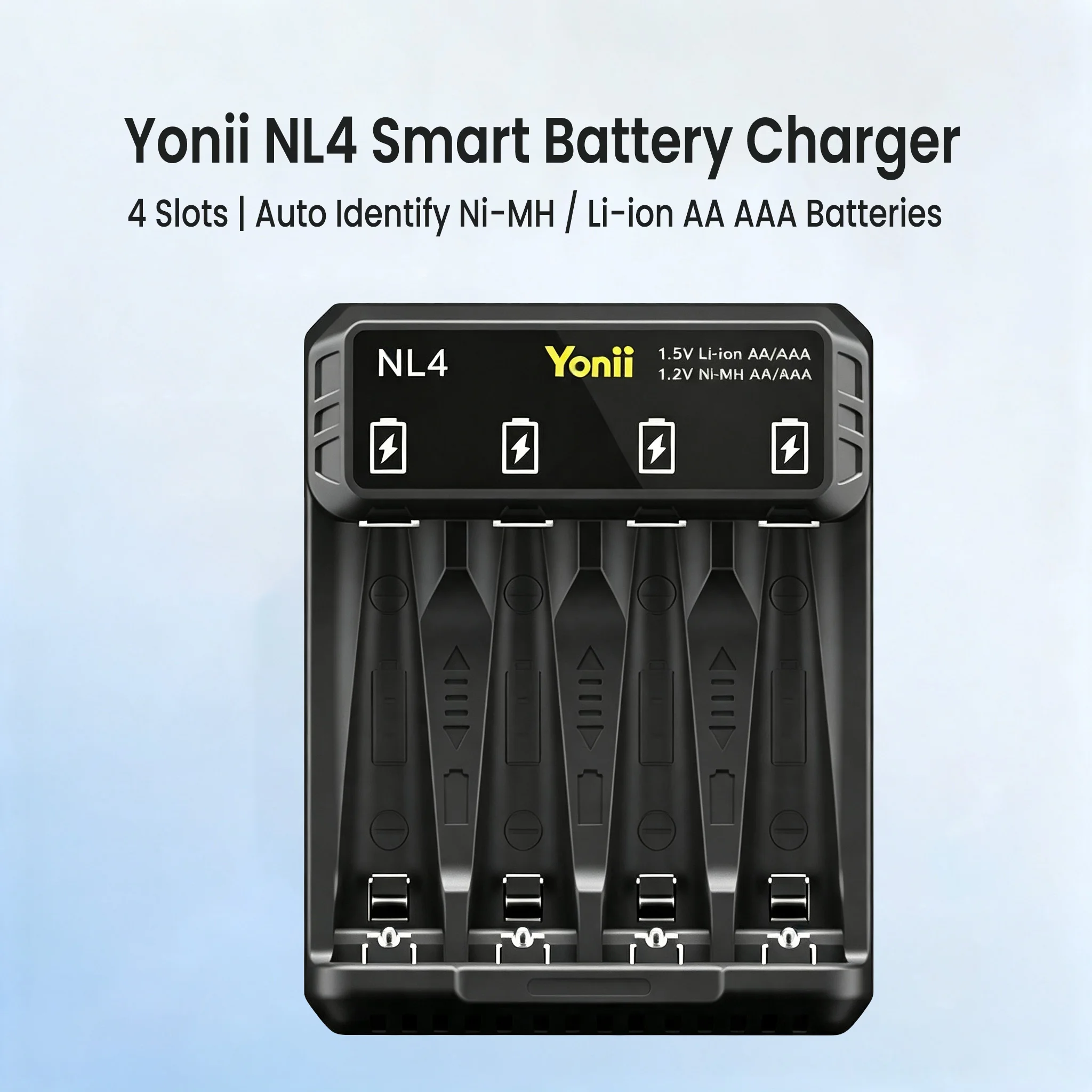 Yonii NL4 4-Slot Battery Charger Type-C Auto Detect 1.5V Li-ion &1.2V Ni-MH AA AAA Rechargeable Batteries Independent Slots