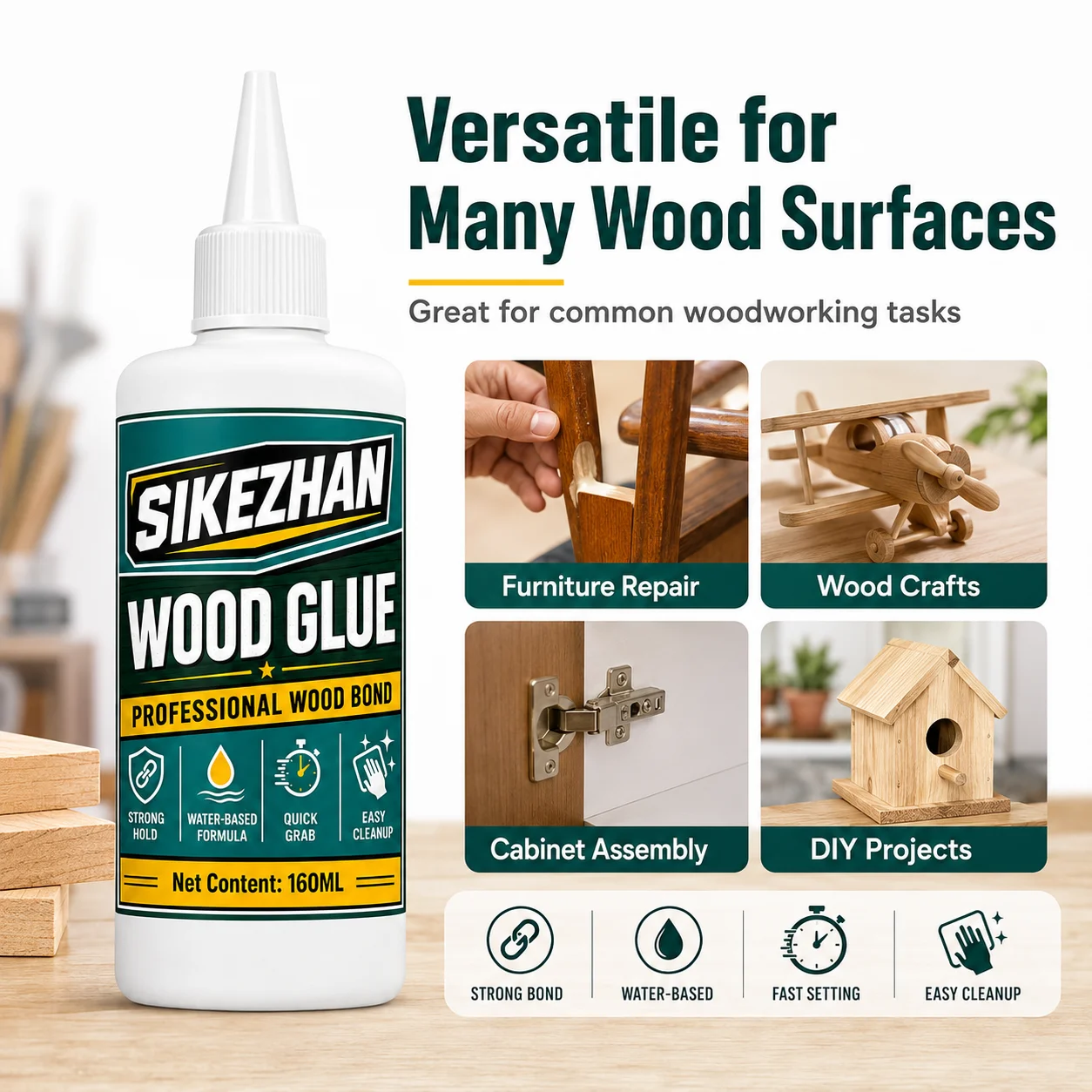 160ml Professional Wood Glue, Fast-Grip Water-Based Adhesive for Woodworking, Furniture Assembly, DIY Crafts and Home Repairs - view 3