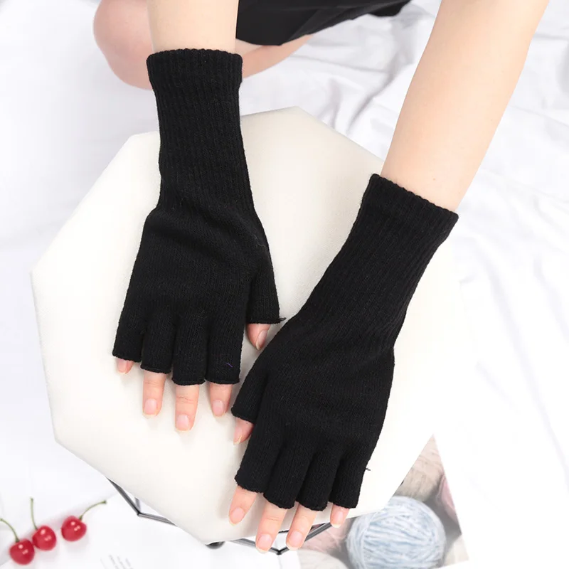 Black Knitted Gloves Winter Thermal Warm Fingerless Fashion Men Women Riding Cozy Writing Driving Work Gloves Elastic Mittens