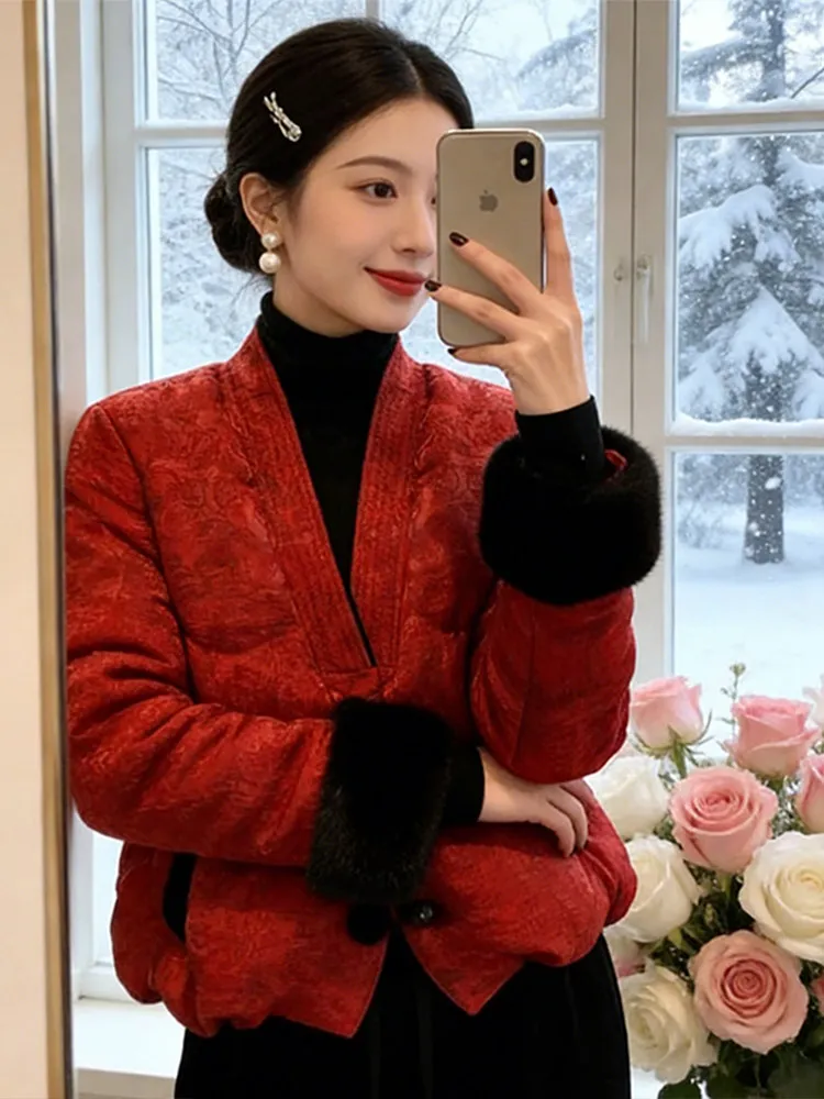 

Fashionable Patchwork Cotton Jacket Women's Winter New Style Retro Warmth Fur Lady's Coat Korean Style V-neck Short Loose Fit