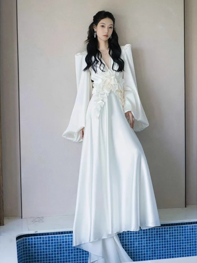 

Элегантное атласное свадебное платье с V-образным вырезом и высокой талией для женщин, осенне-зимнее, с длинными рукавами, белое, роскошное, для невесты