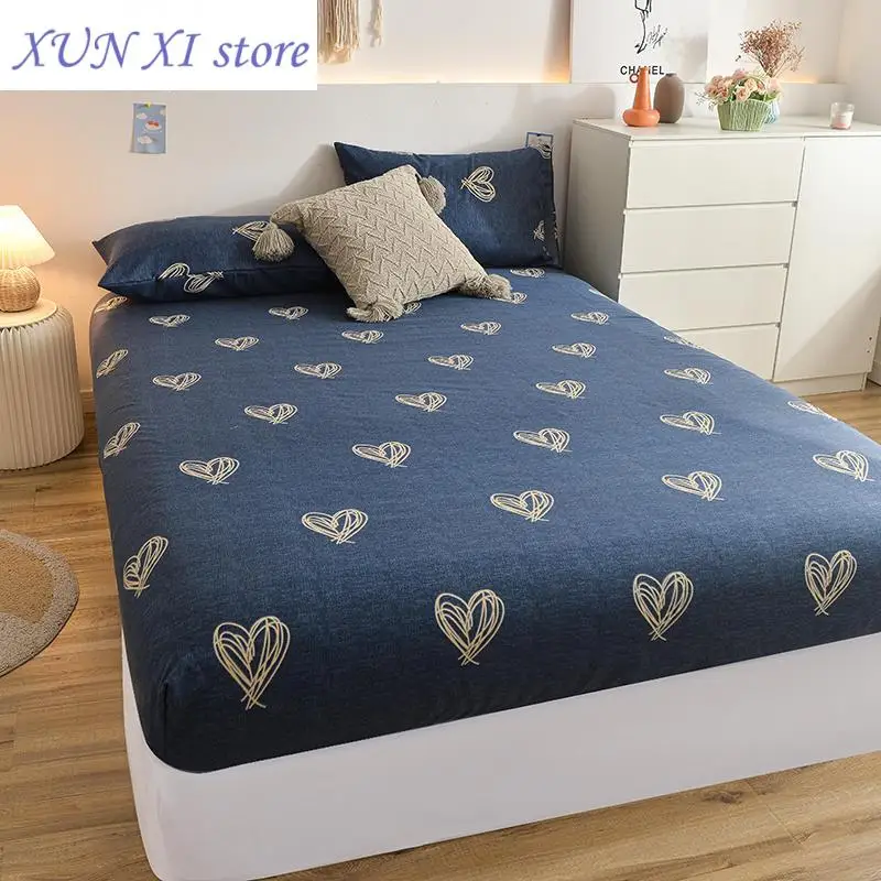 New Queen Bed Sheets for Double Blue Stars Printed Fitted Sheets Thick Brushed Fabric Double Mattress Cover (without pillowcase)