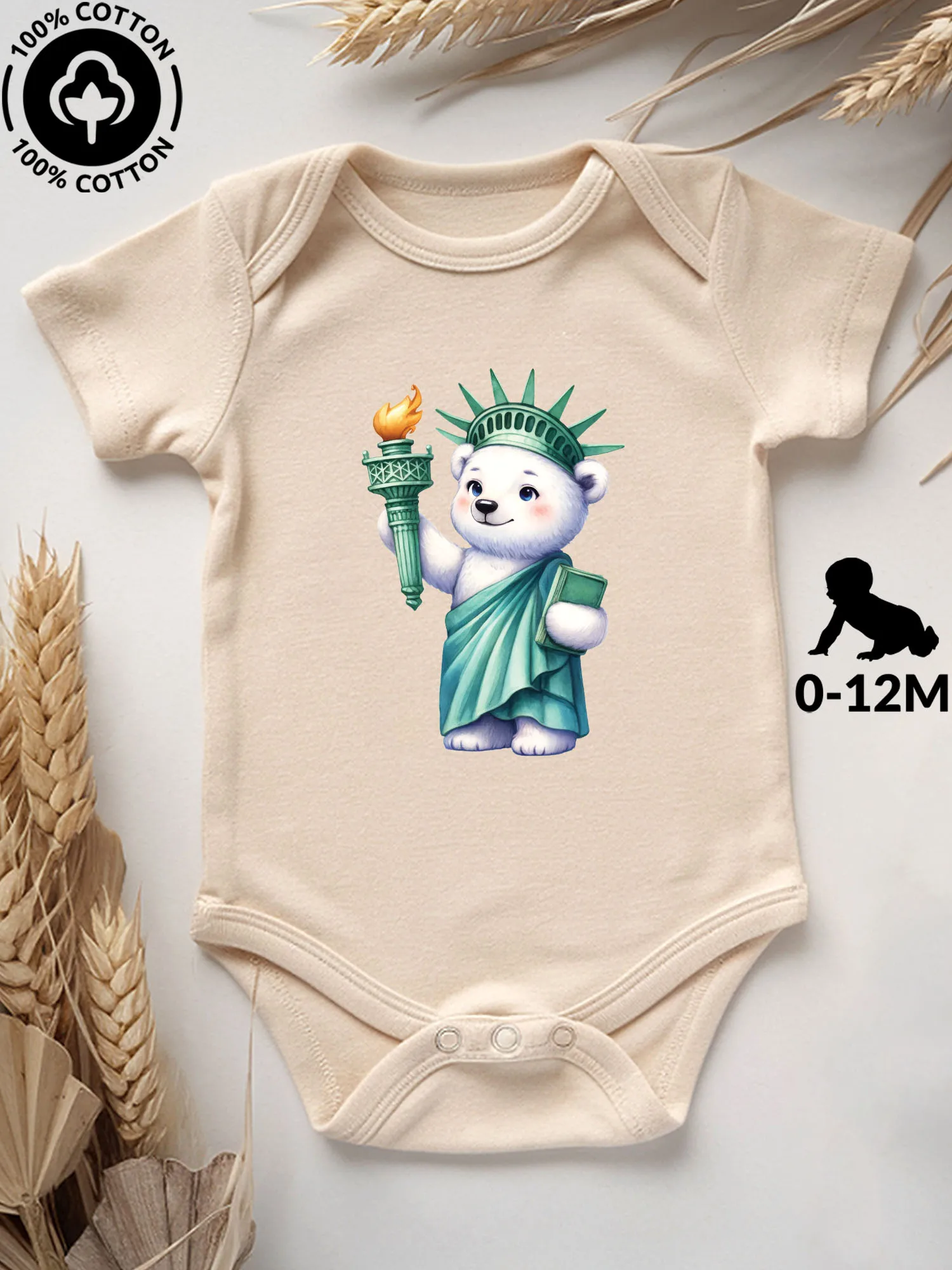 

Детский комбинезон-боди унисекс «Полярный медведь Статуя Свободы», 100% хлопок, мягкий, всесезонный, бежевый, 190 г/м²