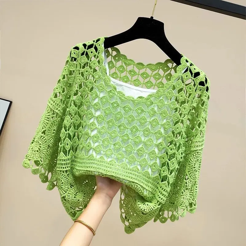 

Women 2024 Spring Summer New Hook Flower Hollow Loose Pullovers Female Shawl Knitted Tops Ladies Short Jumper Sweater Tops W38