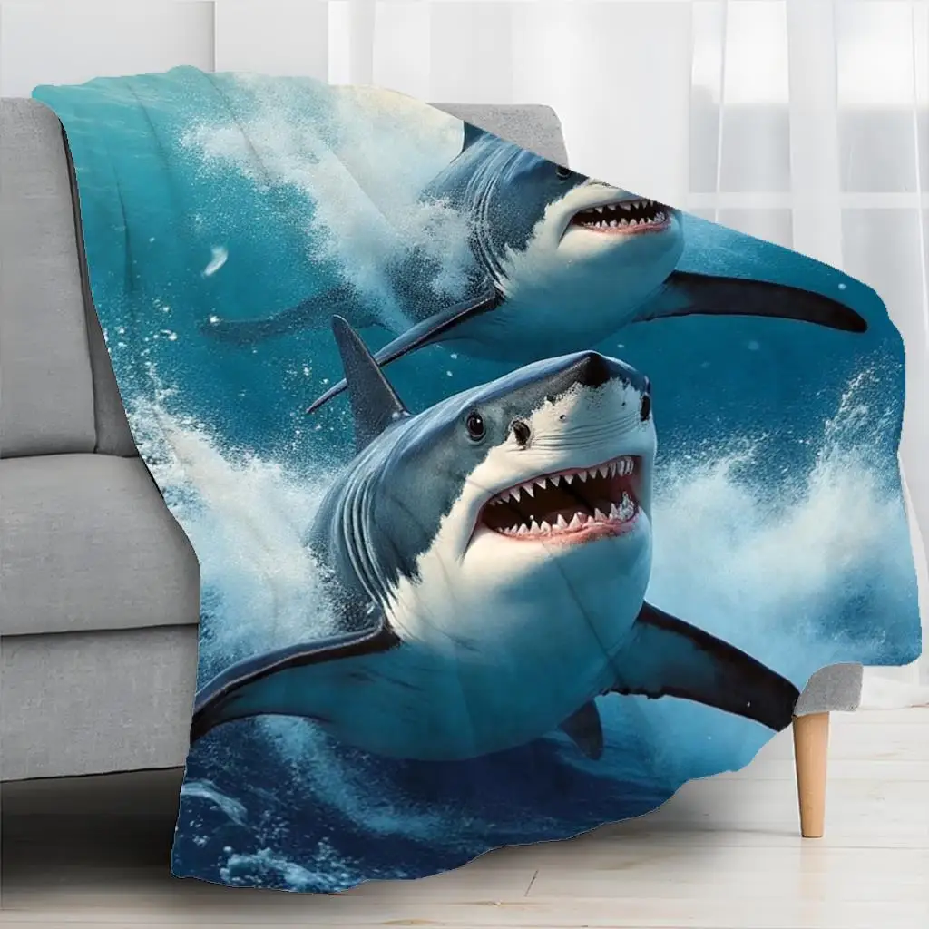 Heavyweight 240g Shark Print Flannel Blanket - Thick Suitable for Bed & Sofa, Shark-Themed Bedspread with Lab-Tested Warmth Tech