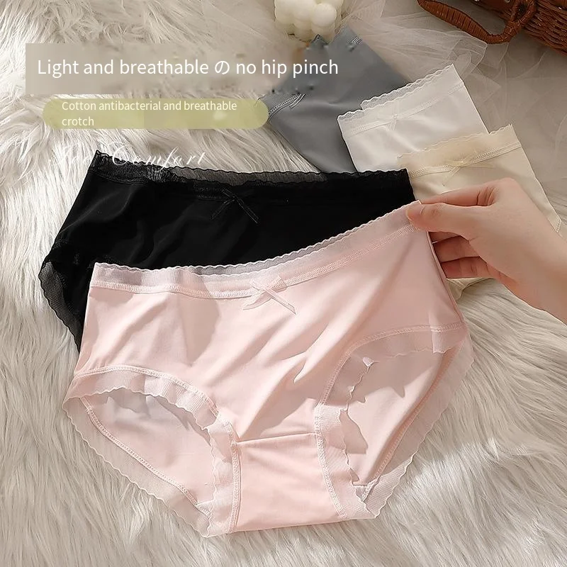 Summer thin ice silk underwear women full cotton crotch antibacterial women sexy pure desire lace breathable 2024 new model