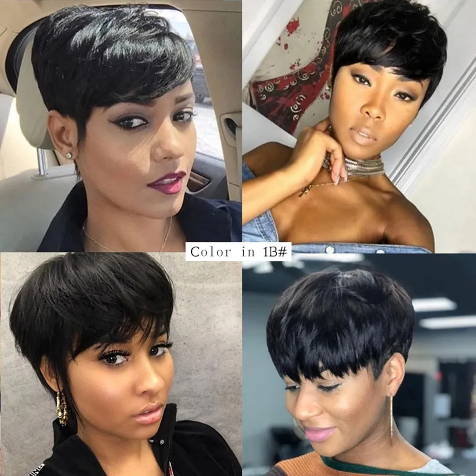Kurze Pixie-Cut-Perücke aus Echthaar für Frauen, maschinell gefertigte Perücken mit Pony, brasilianische Echthaarperücken, günstige Pixie-Cut-Perücken im Angebot – Detail 4