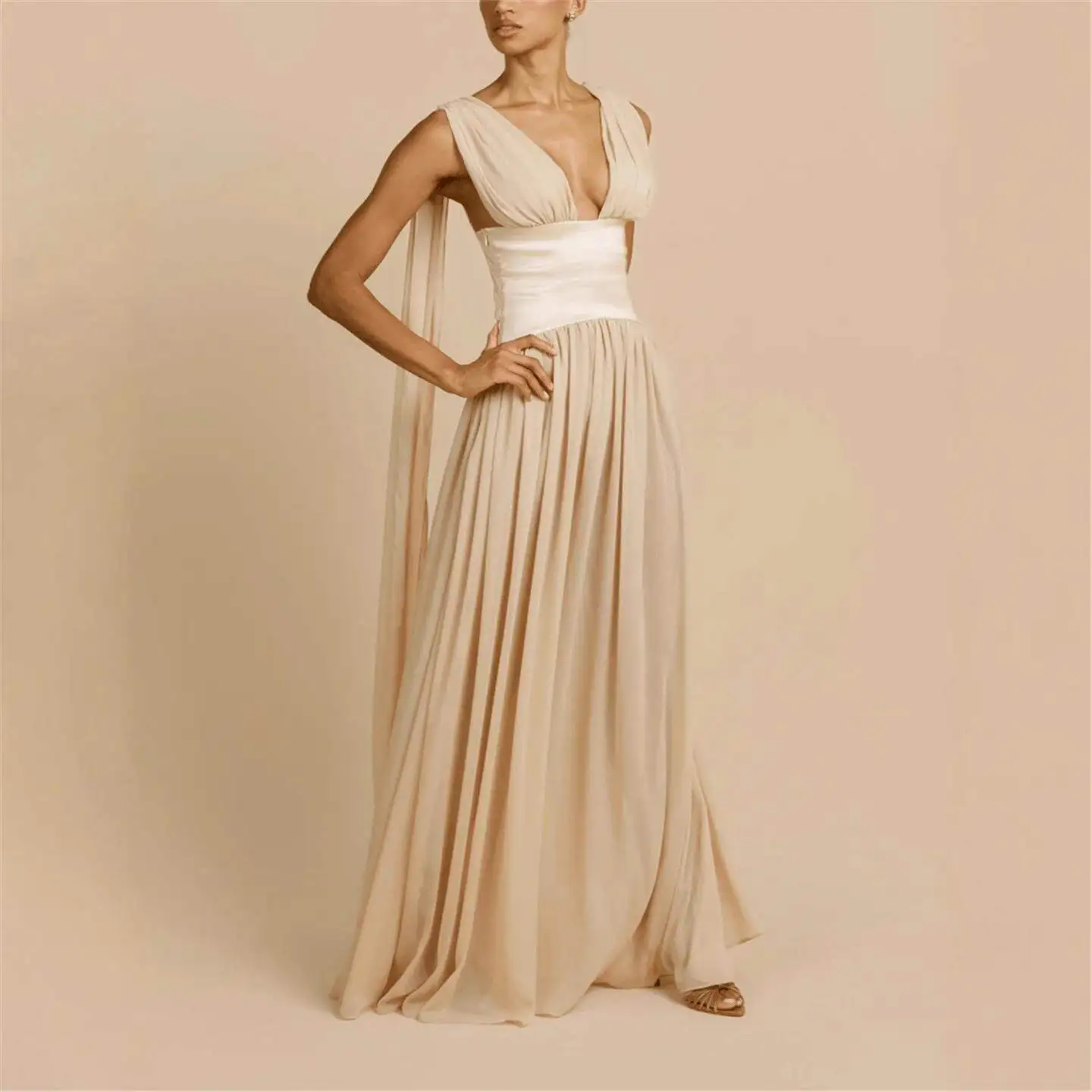 

Elegant Fashion Backless Slim Fit Deep V Pure Color Dress Women's Cross-Border High Waist H-Style Gown without Sleeves