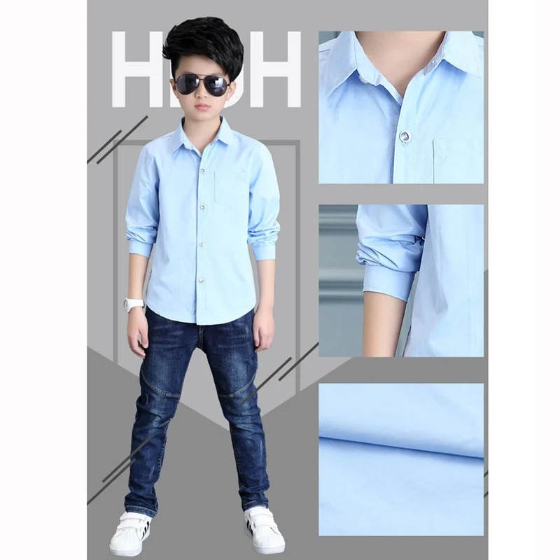 Kids Clothing Spring 2021 Long Sleeve Boys Shirts Fashion Cotton Solid White Shirt Children Turn-down Collar Button Tops 8 12y