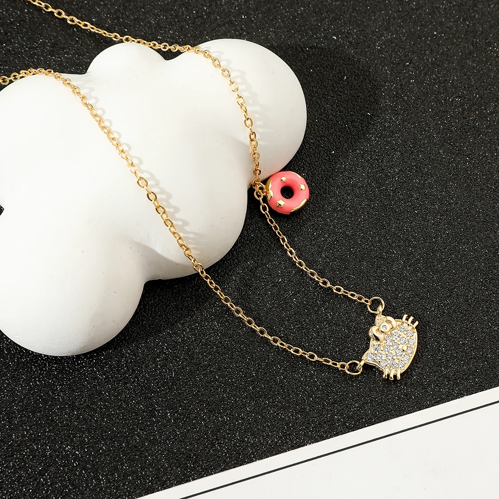 Sanrio Kawaii Hello Kitty Necklace Cute Cartoon Diamond Doughnut Pendant Clavicle Chain Y2k Lady Girl Birthday Jewelry Gift