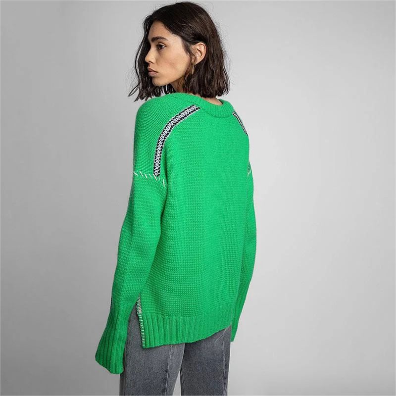 Zadig Winter Sweater Women Fashion Green Embroidered Casual Knitwear Jumpers Female Crew Neck Long Sleeve Cashmere Sweater Tops