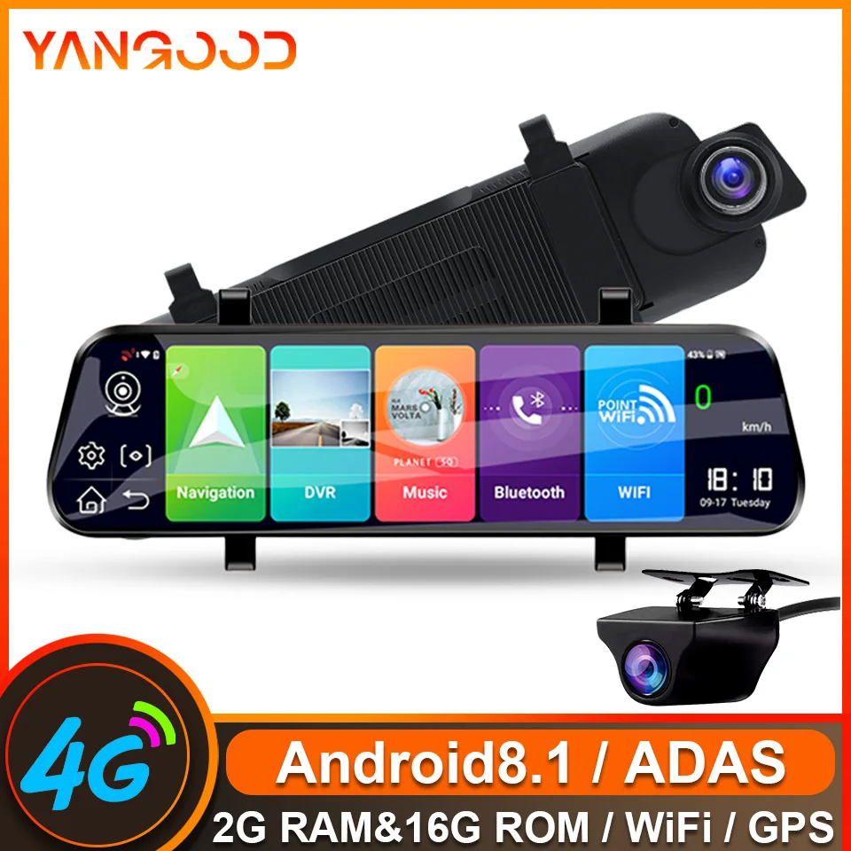 Yangoood Dashcam 1080P Car DVR 10 inch Streaming 4G Android ADAS Registry Optional 1080P Rear View Mirror Car Recorde