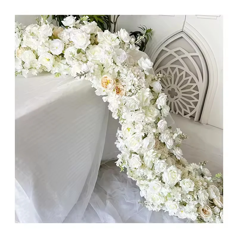 

200cm White Atficial Purple Flower Row Runner Elegant Artificial Center Stage Background for Wedding Party Home Decoration