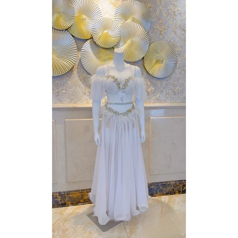 Vestido de dança moderno personalizado, novos trajes de dança do ventre, saia grande de balanço, conjunto de competição de performance, sutiã branco, saia ans