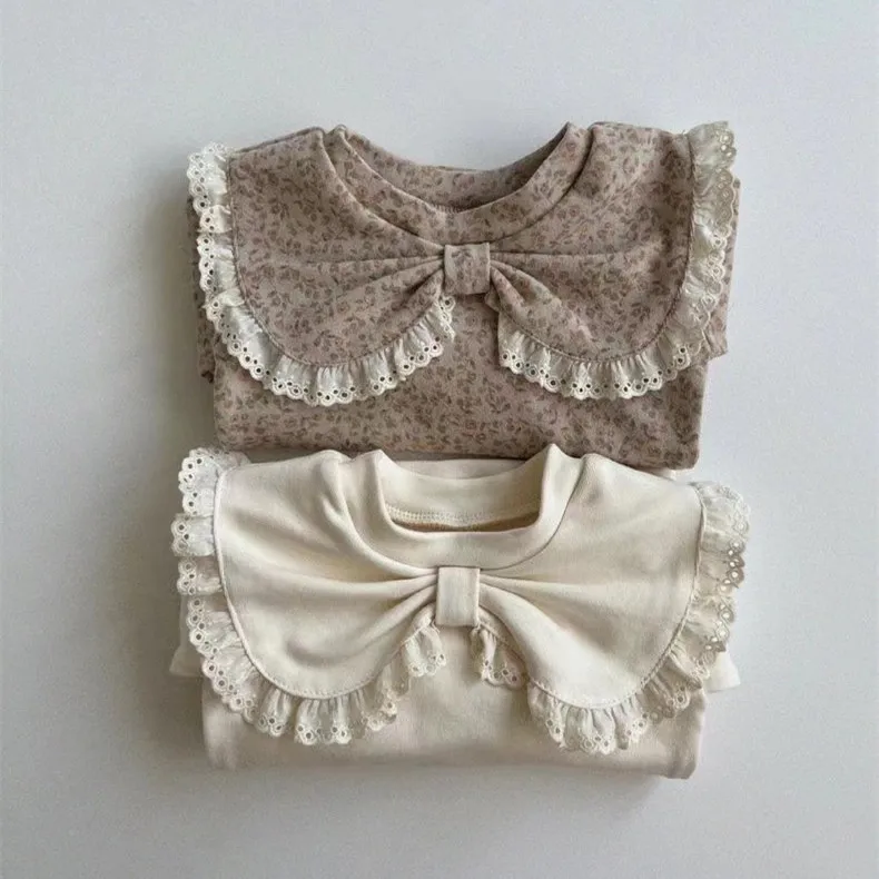 2024 Autumn New Baby Girl Bow Lapel T Shirts Infant Toddler Cotton Bottoming Shirt Solid Long Sleeve Princess Tops Baby Clothes