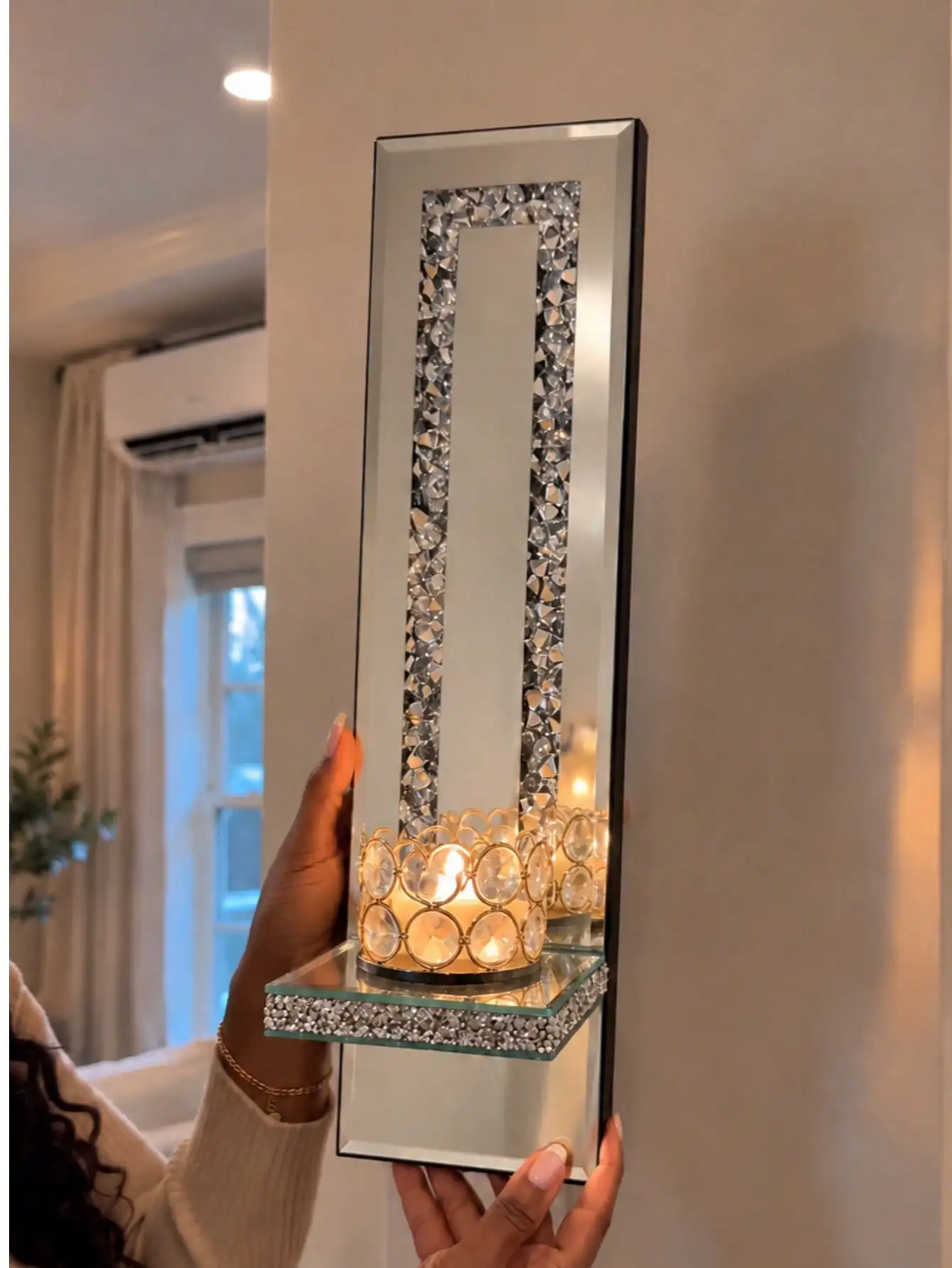 2-Piece Crystal Mirror Wall Candle Holder Set, Gold And Silver Wall Sconce Decor For Living Room (No Power Source, No Candles.)