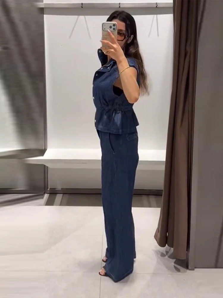 Ärmelloses Jeanswesten-Hosen-Set für Damen mit elastischem Bund, Stehkragen-Oberteil mit Knopfleiste und gerader Hose – Schickes Streetwear-Outfit für die moderne Dame – Detail 20