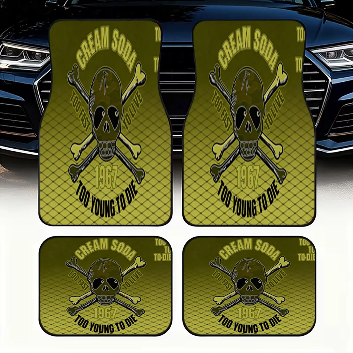 Juego de 4 Alfombrillas Retro con Diseño de Calavera para Auto |   Material de poliéster, diseño moderno CREAM SODA, ajuste universal para el interior del coche, duradero y elegante