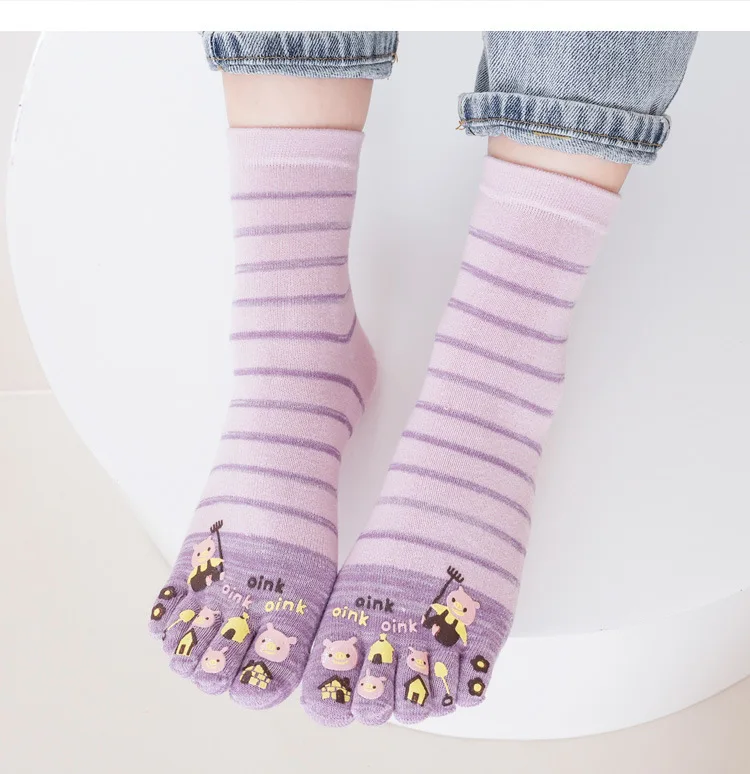 5 paia di calzini a cinque dita da donna a tubo medio autunno e inverno sottopunta calzini in cotone simpatico cartone animato di animazione