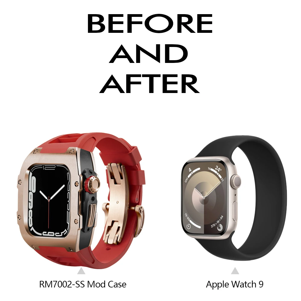 Luxury Titanium  Case Modification Kit For Apple Watch 45MM 44MM Case Fluororubber Strap For iWatch Series 9 8 7 6 5 4 SE  Band