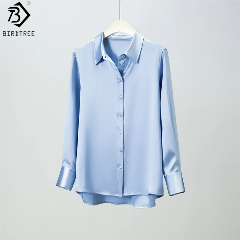 

Блузка Birdtree из 100% натурального шелка, 30 мм, однотонная, женская атласная элегантная рубашка с отложным воротником, топ с длинным рукавом, новинка Весна-Лето 2026 T61825JF