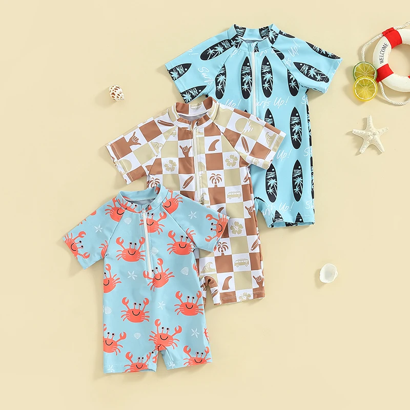 0-24 Months Toddler Baby Boy Summer Swimsuit Short Sleeve Zipper Bathing Suit  Sun Protection Rash Guard Swimwear Swimwear Beach