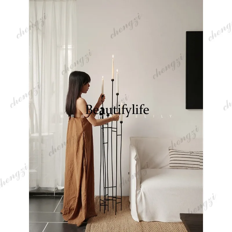 A73 Floor-to-ceiling candlestick lamp holder wabi-sabi wind wrought iron multi-head scented candle table holder retro ornament