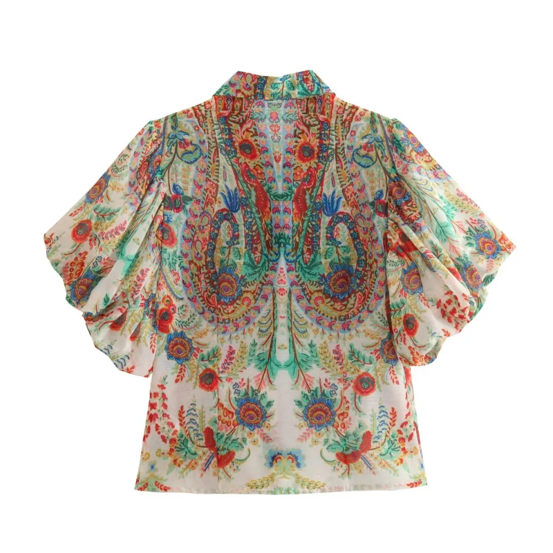 Vintage Women Summer Totem Flower Print Pleated Puff Sleeve Blouse Office Lady Breasted Shirt Tops