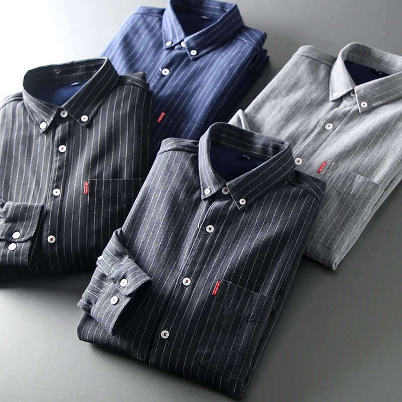 

Fce Lined Thiened Long Sve Men's irt Waed Brued Autumn Winter Faion Urban Sle Stand Fit Button up