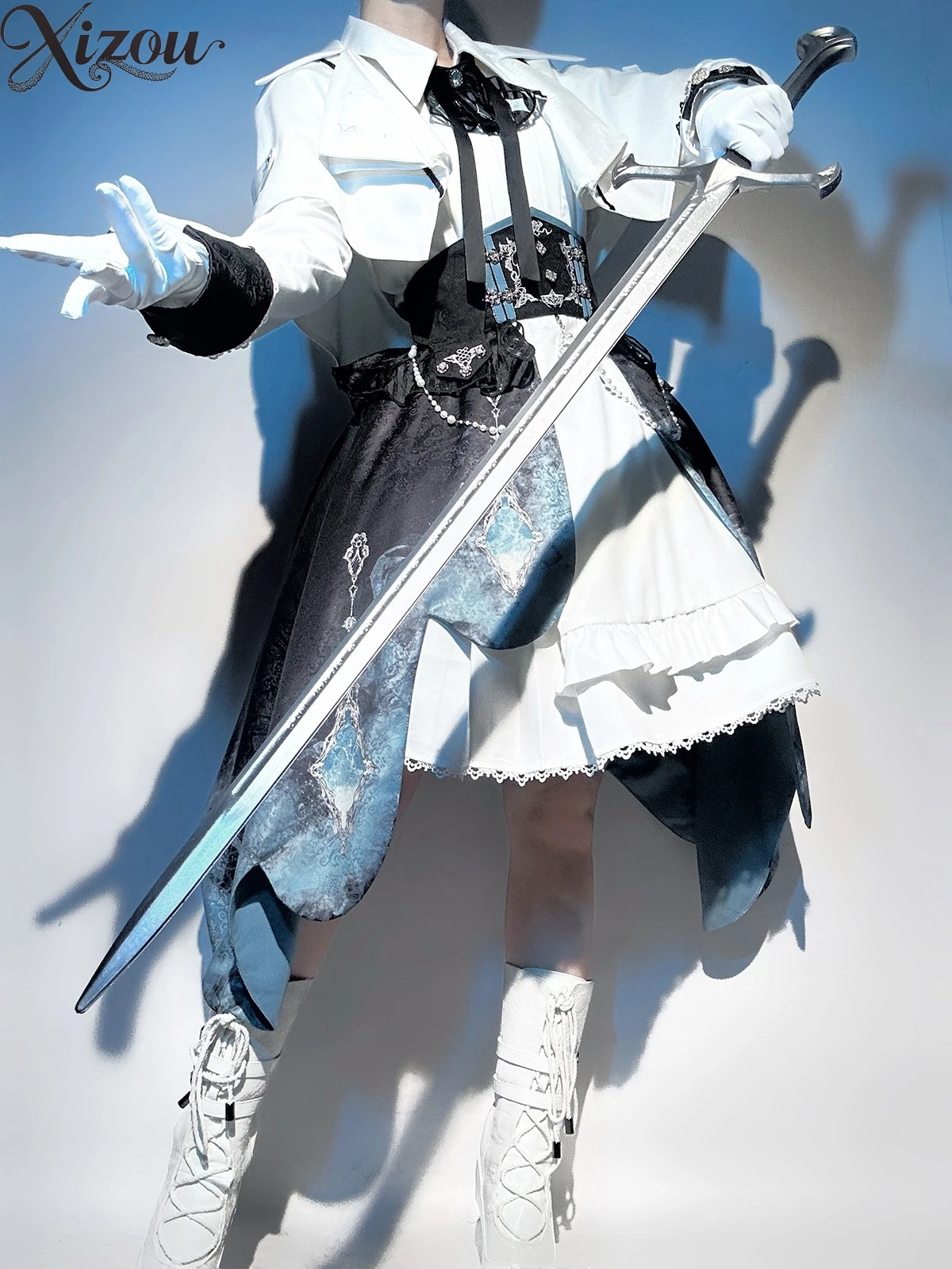 

Cool Gothic Knight Prince Lolita Three-Piece Set Women Indigo Galaxy Retro Cape Long Sleeve Dress Printed Half Skirt Outfit Coat