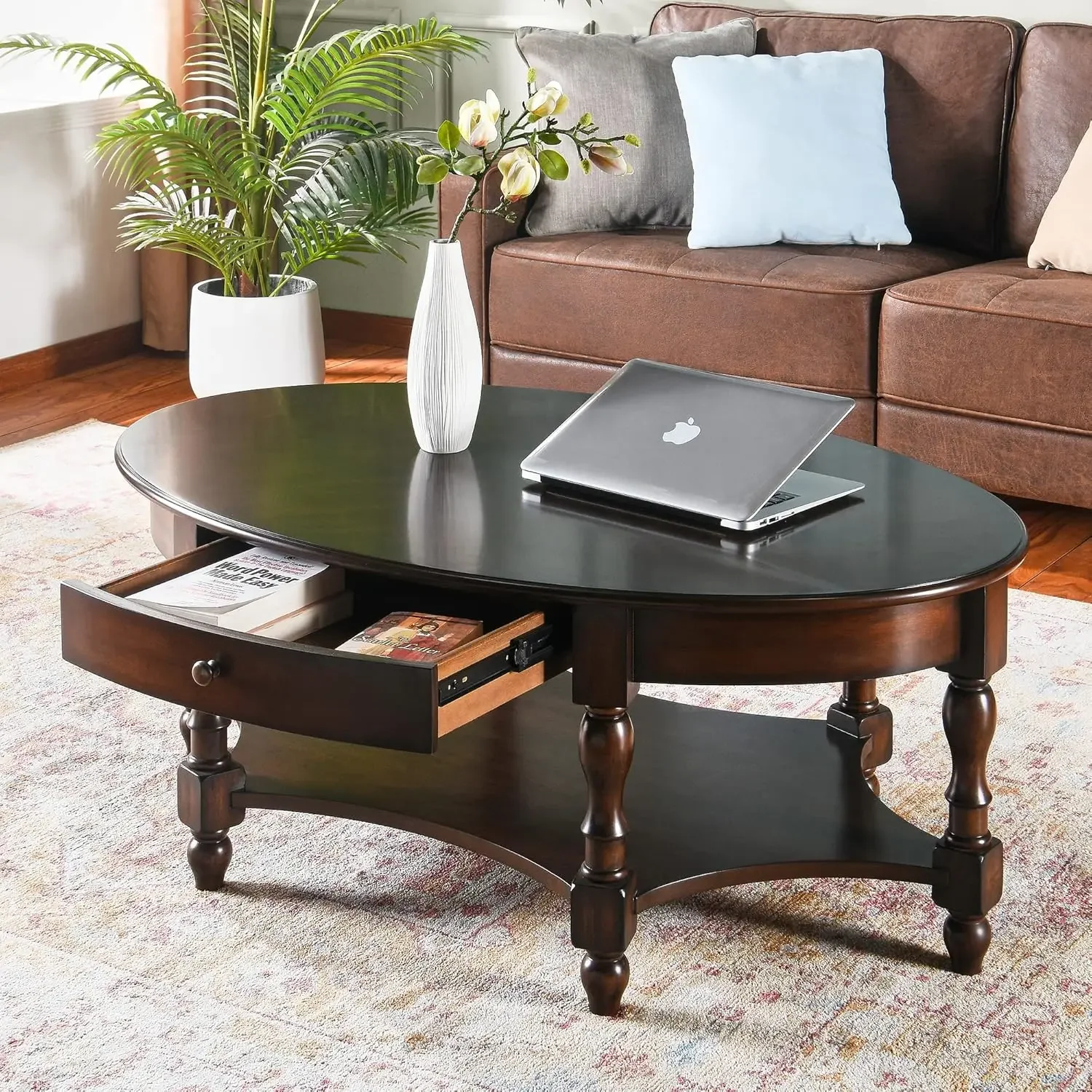 Solid Wood Oval Coffee Table with Drawer and Storage Shelf, 44.9