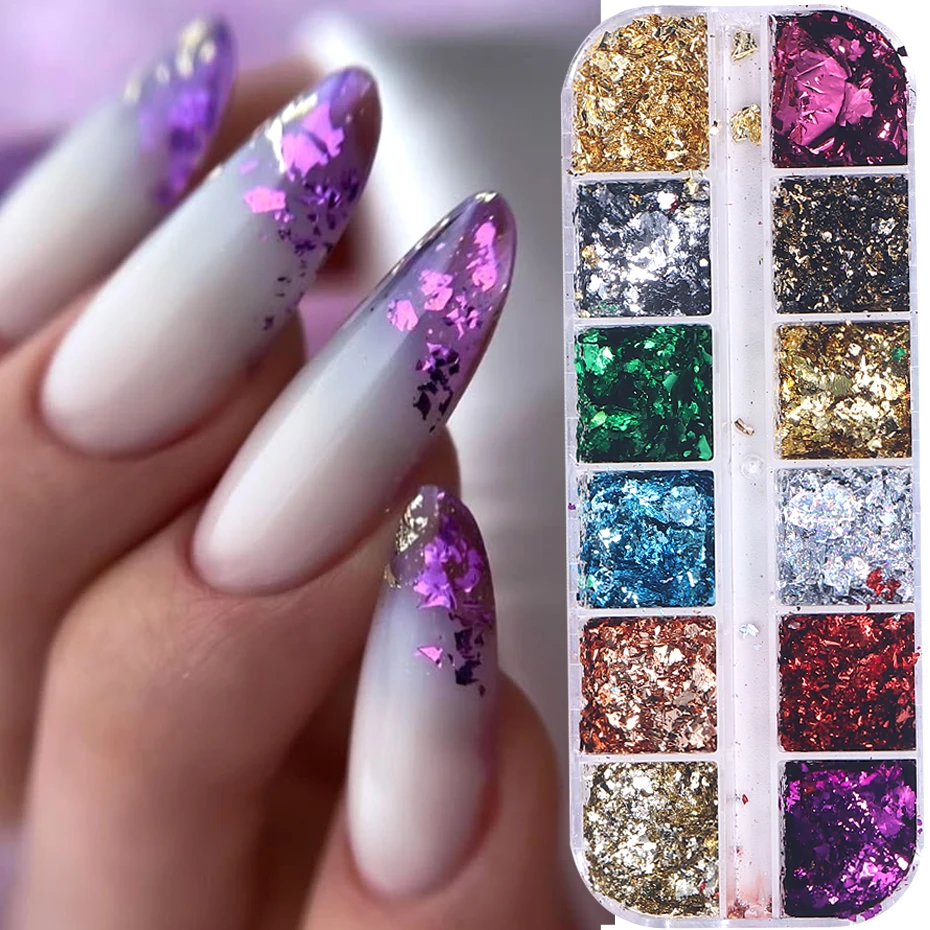 12 rejillas de láminas doradas para uñas, purpurina holográfica aleatoria de aluminio, pegatinas de escamas, lentejuelas, decoración de manicura, suministros para uñas