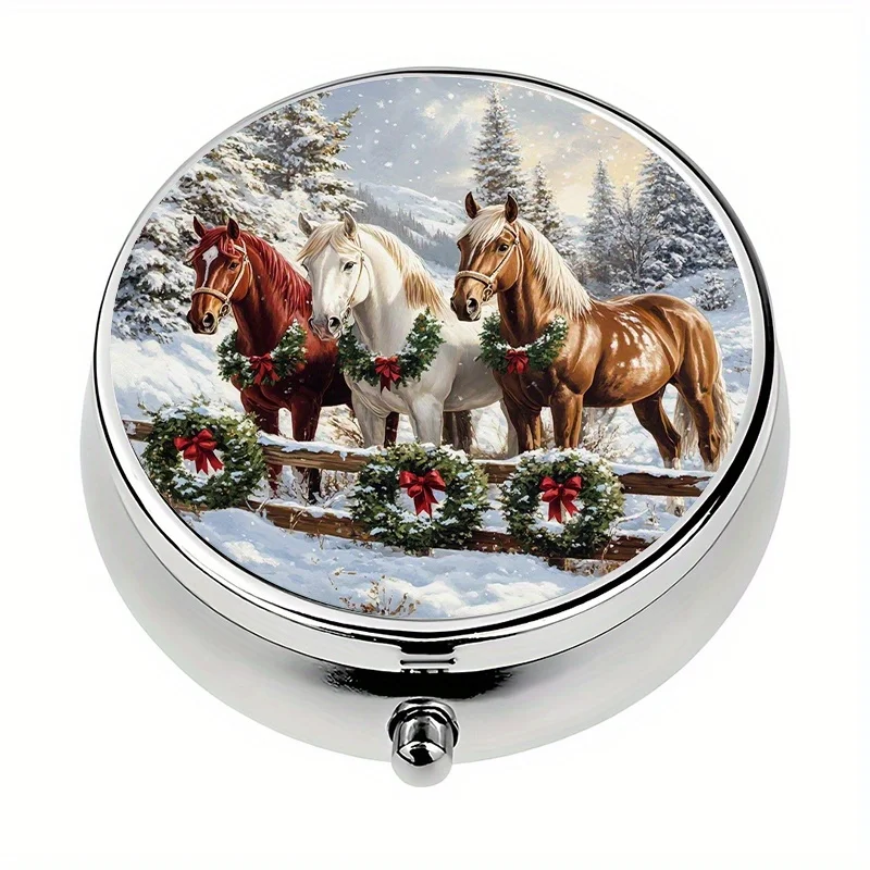 1 pill box with 3 compartments, featuring a Christmas horse winter scene, mini pill container, pill organizer, a unique gift for organizing vitamins and medication
