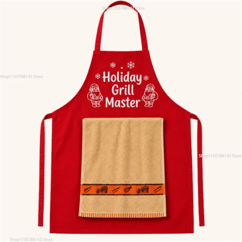 Red Front Towel Pocket Christmas Cooking Apron Fabric Adjustable Neck Strap Funny Apron Pocket Design Holiday Print Apron