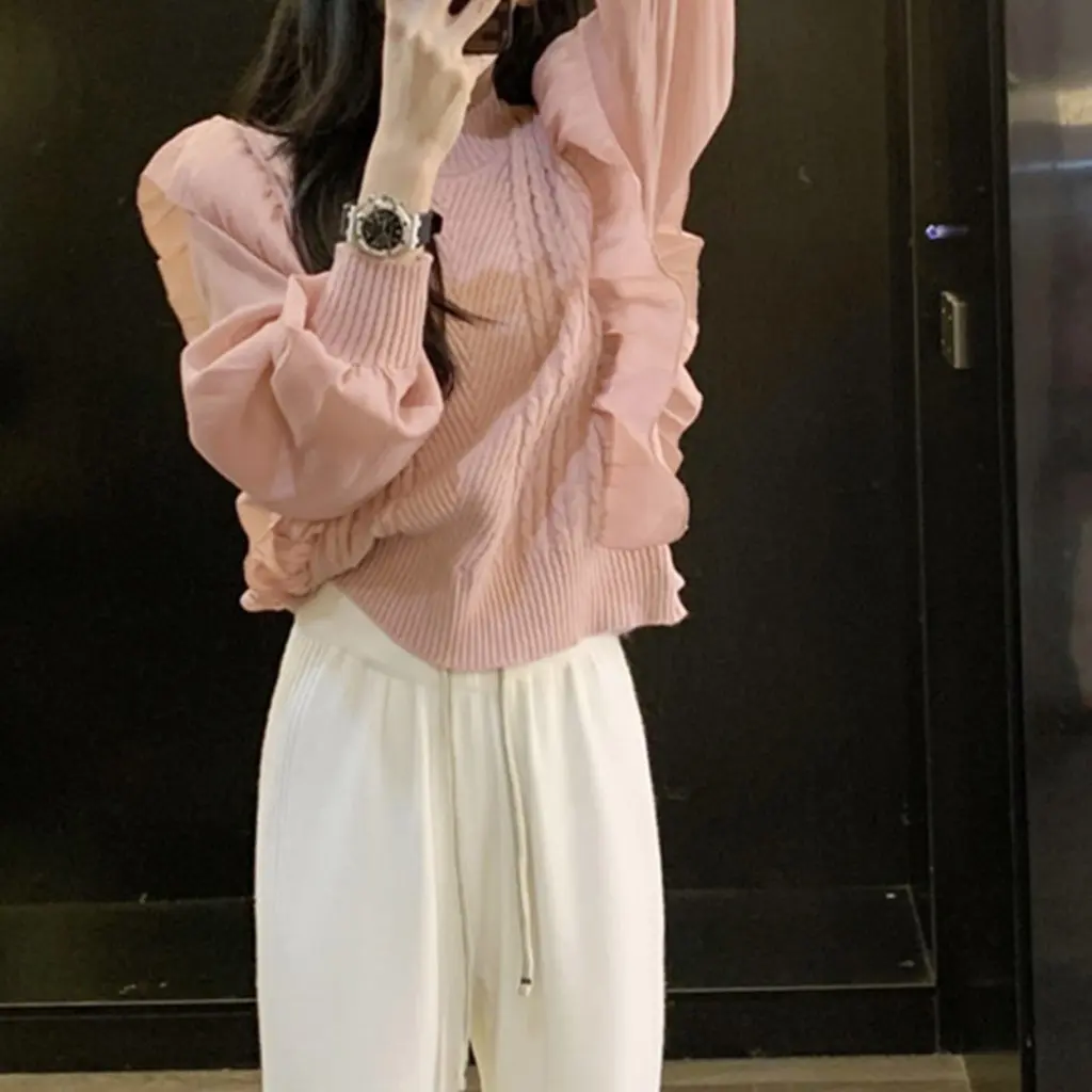 

Women's Western Style Korean-Style Knitted Sweater with Puff Sleeves round Neck Thin Hollow-out Top for Spring And Summer