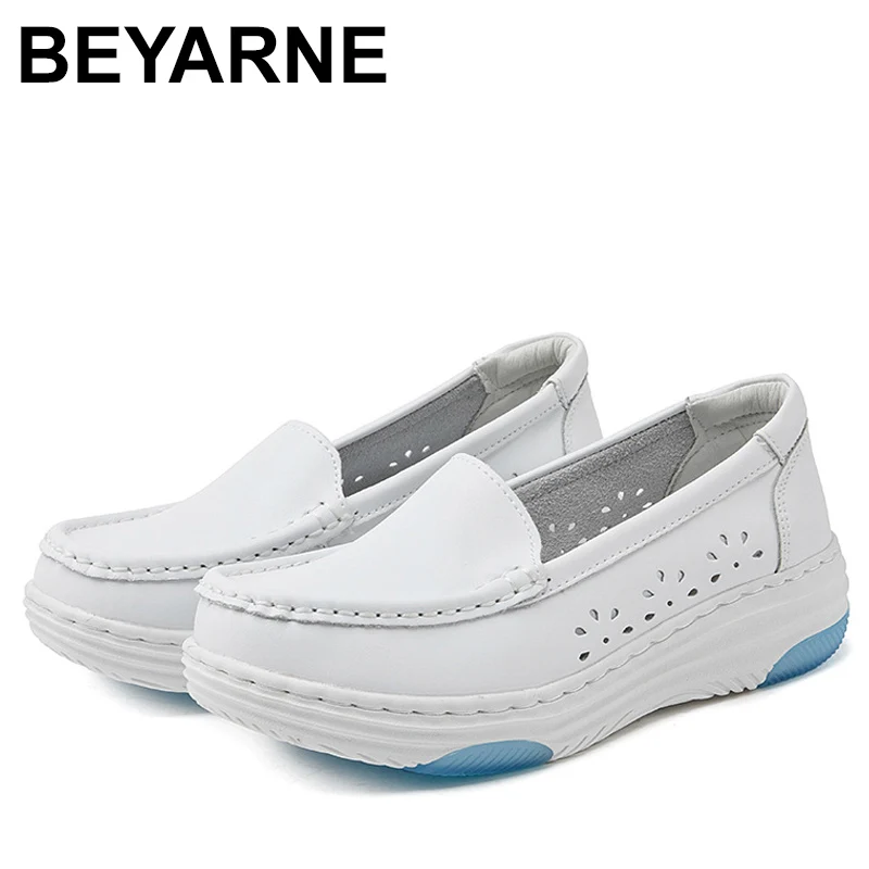 

Women White Nursing Shoes Spring Autumn Ladies Wedges Platform Loafers Female Hollow Out Work Slip on Leather Breathe Shoes