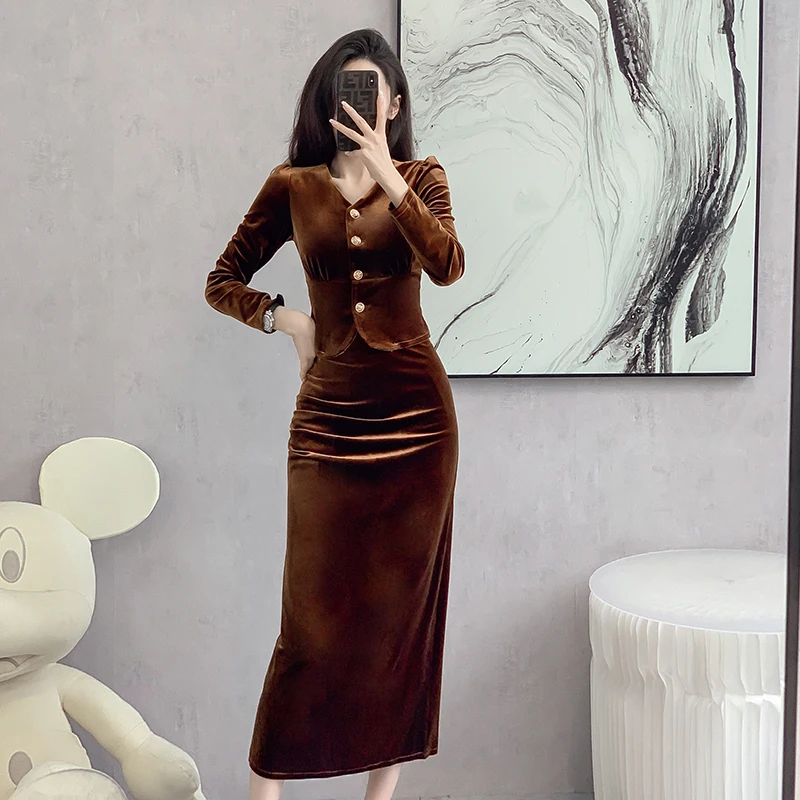 Autumn Top Skirt Two-piece Sets Women Elegant Banquet V-Neck Long Sleeve Slim Celebrity Style Velvet High Waist Solid Skirt Suit