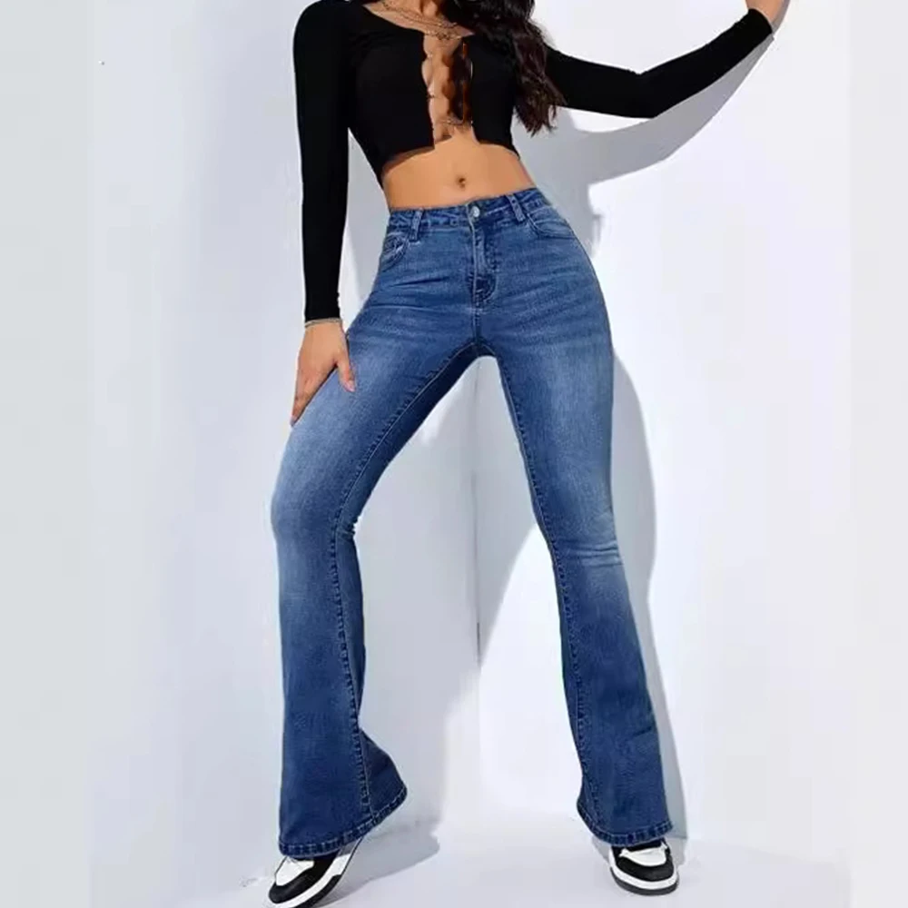 Women's Micro Flared Pants Curvy Strtchy Slim Fit Denim Pants High Waisted Jeans Casual Ladies Cotton Button Trousers